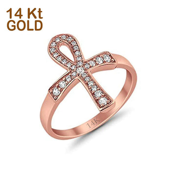 14K Rose Gold Cross Ankh Eternity Wedding Ring Round Cubic Zirconia